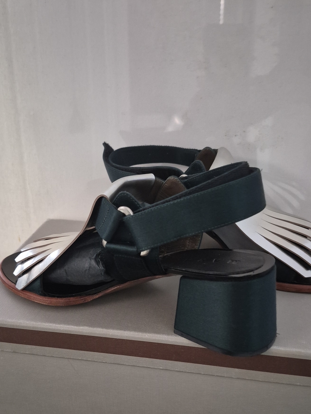 Marni Dark Green Block Heel Sandals with Silver Fringe Accent